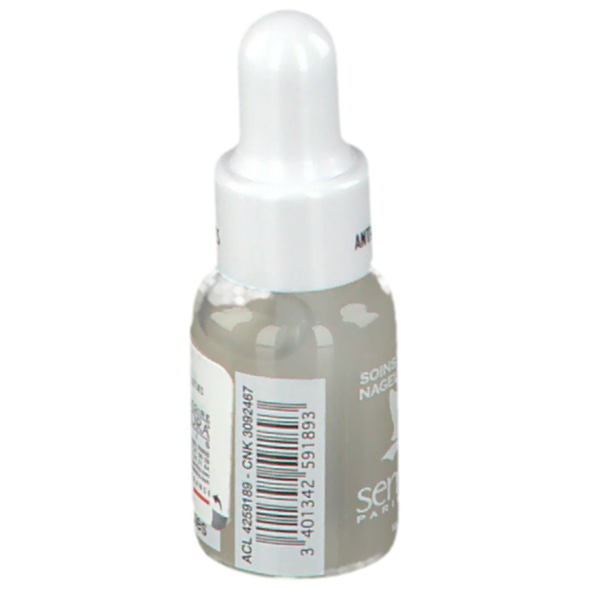 Flacone contagocce con liquido. Scritta: Soin Anti-Cuticules, Soins des Ongles, Nagelverzorging. Marchio: serrongle® Paris, 204.