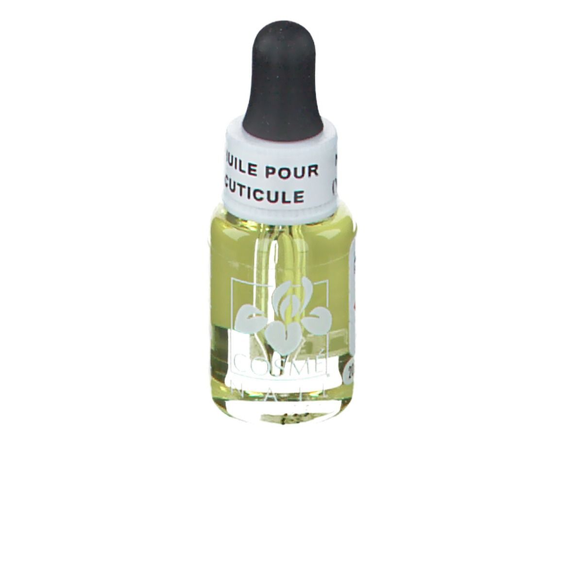 Olio trasparente in flacone di vetro con contagocce nero. Scritta: HUILE POUR CUTICULE.