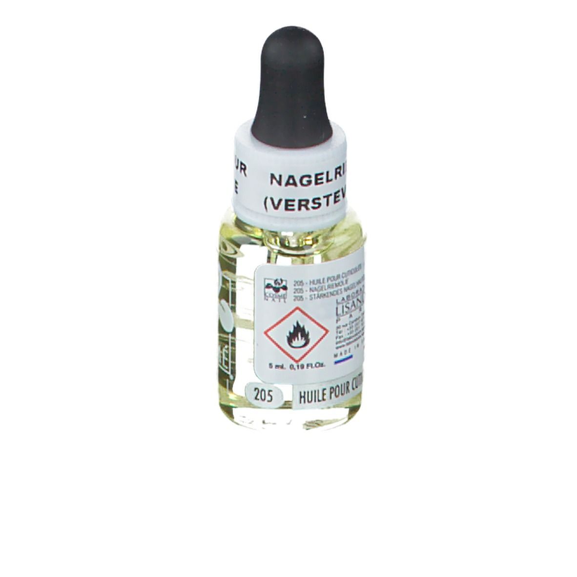 Flacone in vetro con liquido giallo e contagocce nero. Scritta: NAGELR. (VERSTEY). Simbolo di pericolo. Testo: 205, 5 ml, HUILE POUR CUTICULE.