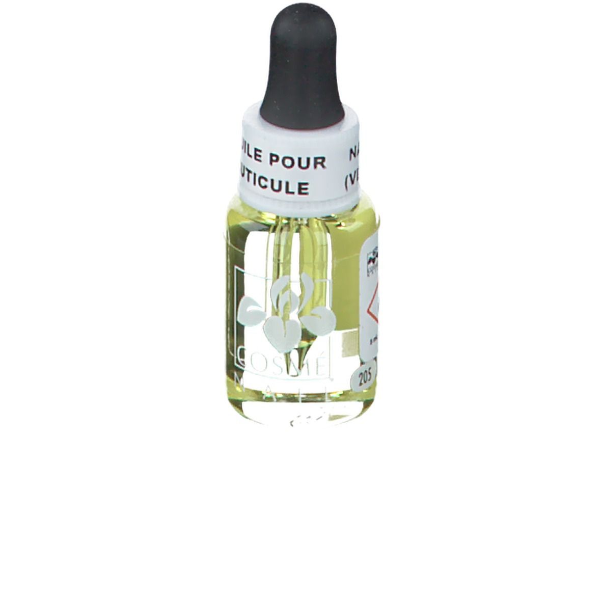 Olio trasparente in flacone di vetro con contagocce nero. Scritta: HUILE POUR CUTICULE. Logo floreale.
