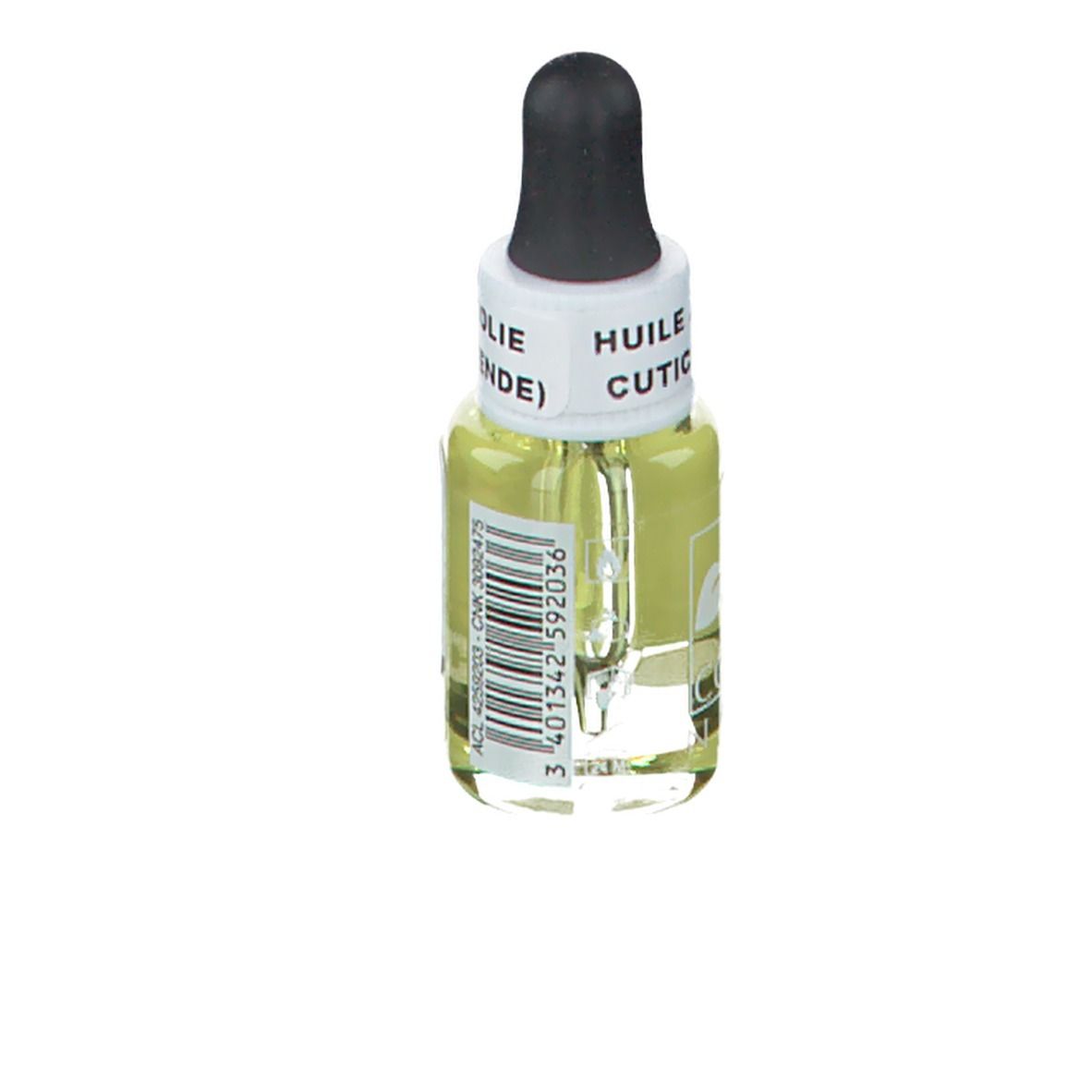 Flacone in vetro con liquido giallo e contagocce nero. Scritta: HUILE POUR CUTICULE. Codice a barre.