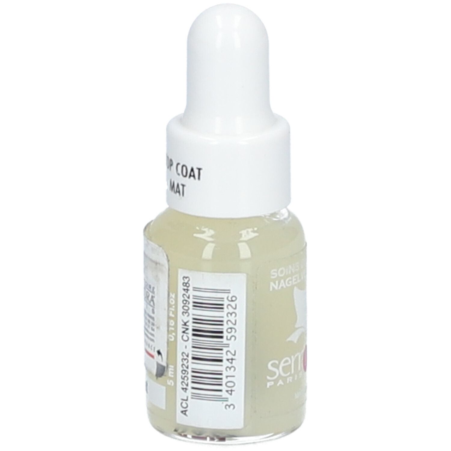 Flacone di smalto con tappo bianco. Scritta: Top Coat Mat. Marchio Serr'Ongle, Paris. Codice a barre e informazioni.