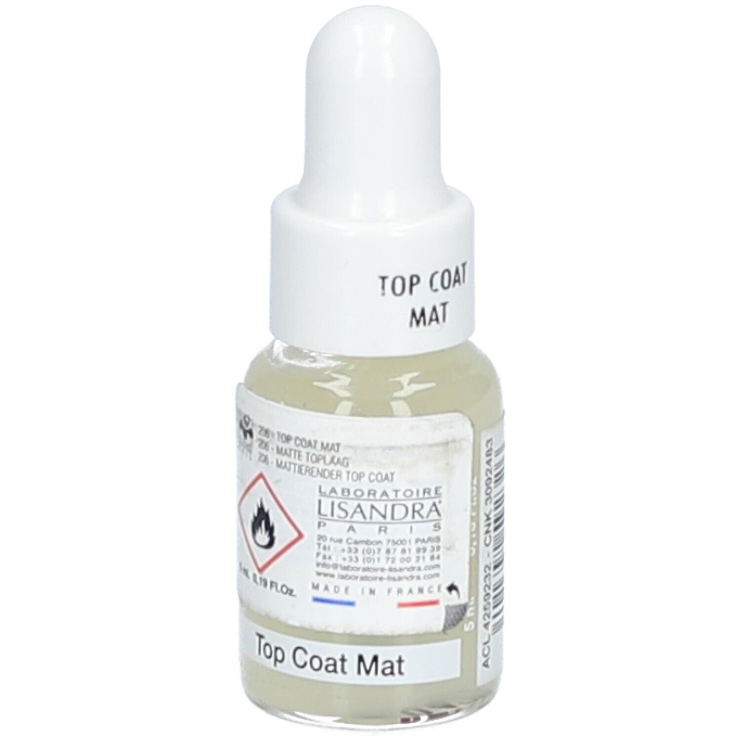 Flacone di smalto con tappo bianco. Scritta: Top Coat Mat. Marchio Lisandra Paris. Simbolo di pericolo: fiamma.