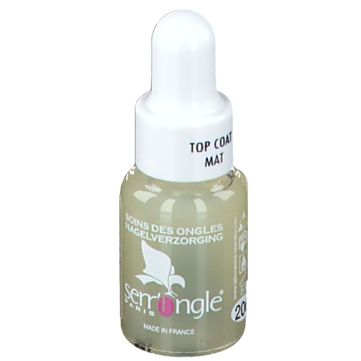 Flacone di smalto con tappo bianco. Scritta: Top Coat Mat. Marchio Serr'Ongle, Paris. Made in France.