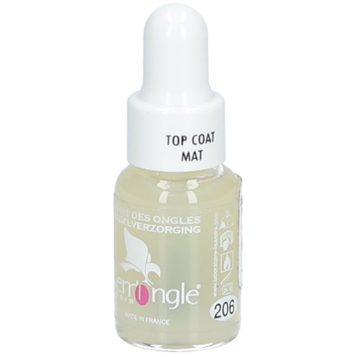 Flacone di smalto con tappo bianco. Scritta: Top Coat Mat. Marchio Serr'Ongle, Paris. Numero colore 206.