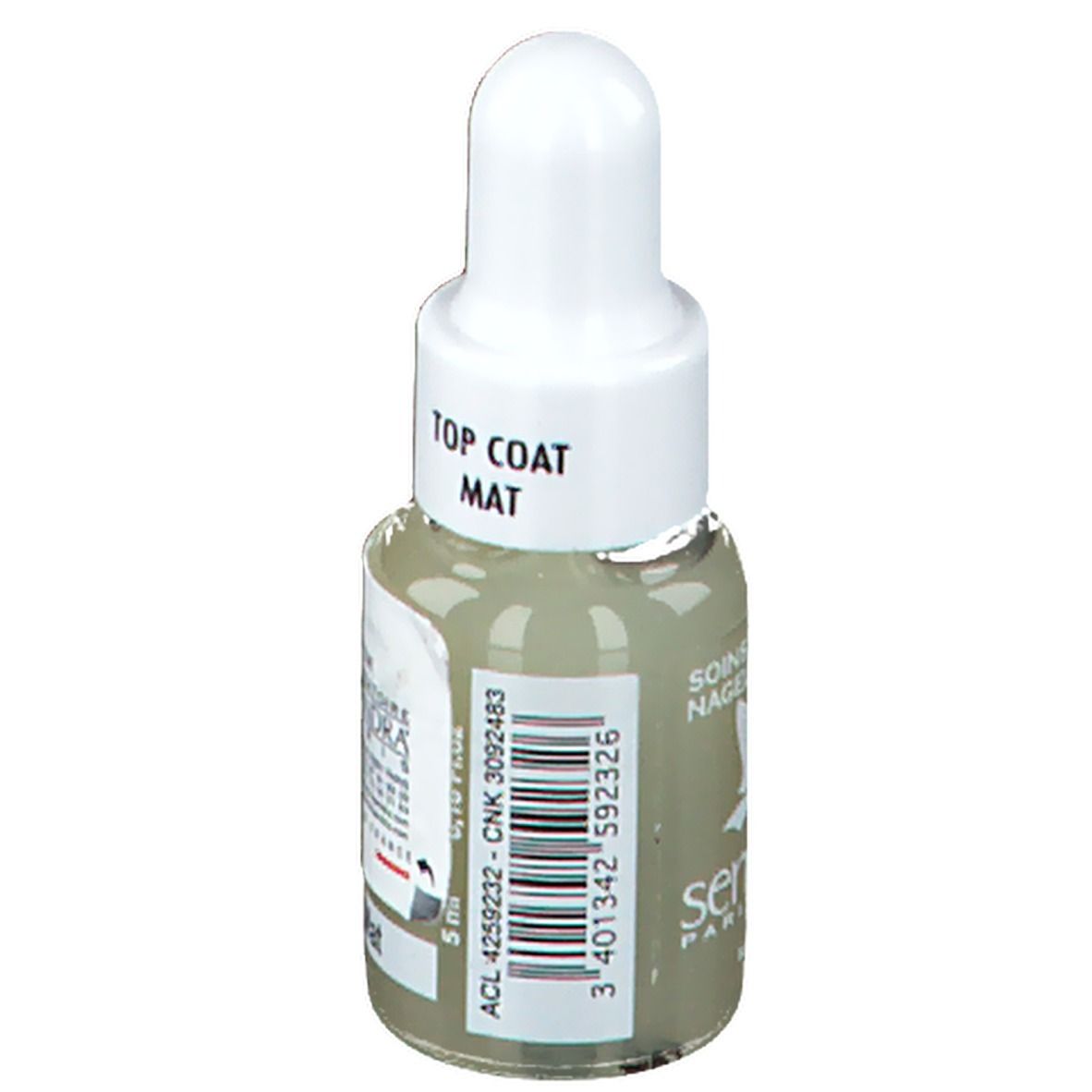 Flacone di smalto con tappo bianco. Scritta: Top Coat Mat. Numero colore 206. Simbolo di pericolo: fiamma.