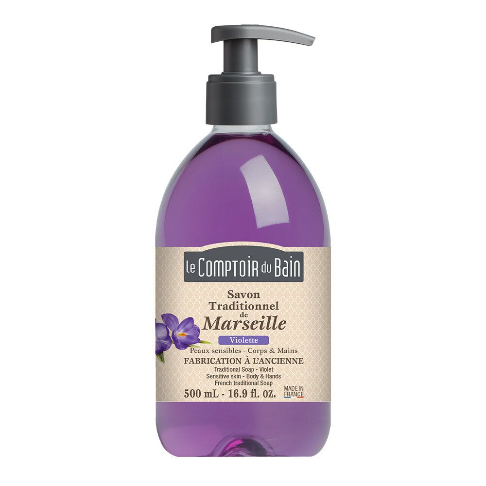 Sapone liquido viola con dispenser. Scritta: Le Comptoir du Bain, Savon de Marseille. 500 ml.