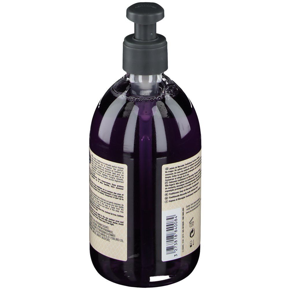 Sapone con dispenser, vista posteriore. Scritta: Le Comptoir du Bain, Savon de Marseille. Testo multilingue.