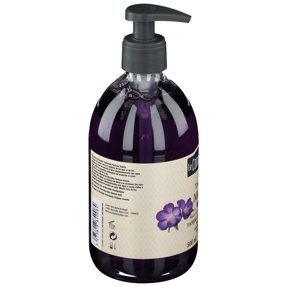 Sapone con dispenser, leggermente inclinato. Scritta: Le Comptoir du Bain, Savon de Marseille. Testo multilingue.