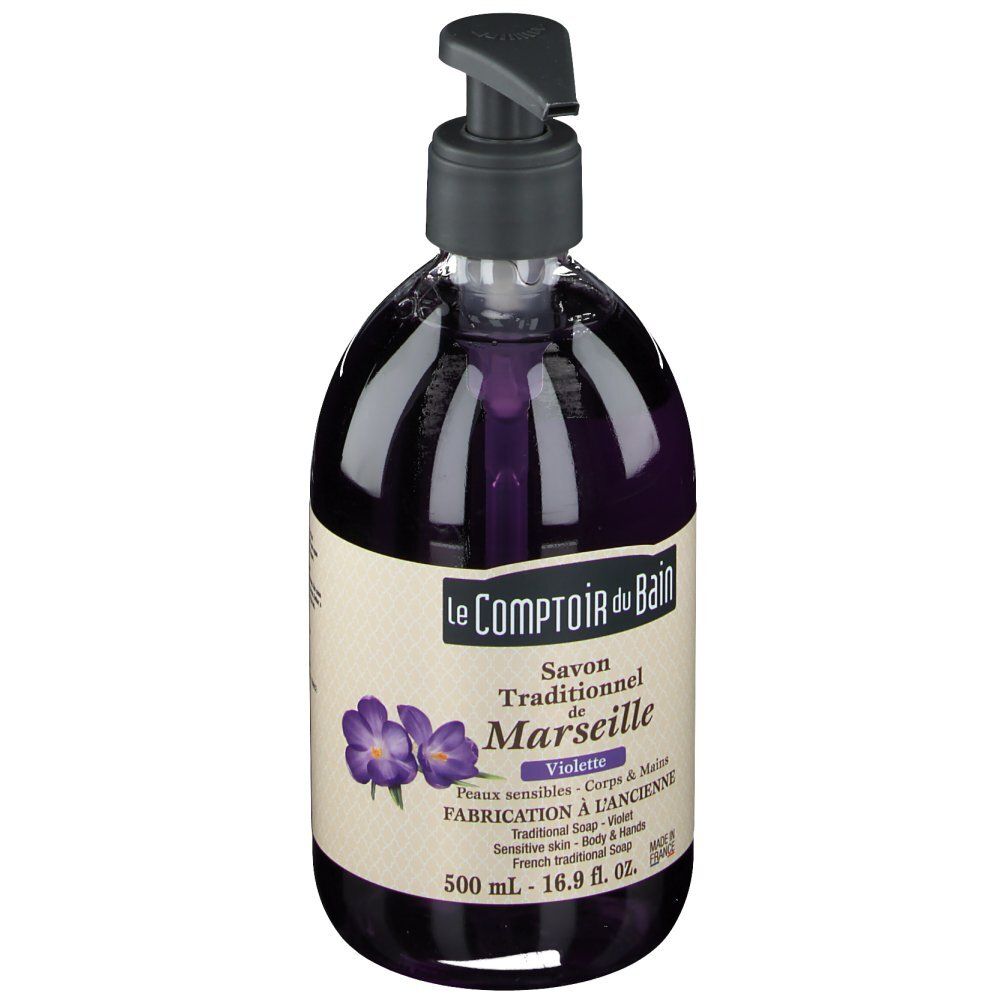 Sapone viola con dispenser. Scritta: Le Comptoir du Bain, Savon de Marseille. 500 ml.