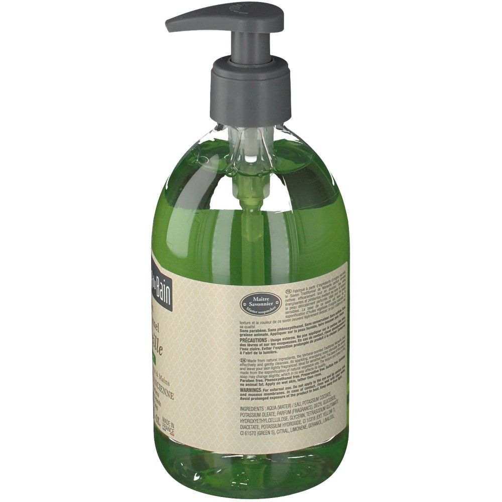 Sapone liquido verde in flacone con dosatore. Etichetta posteriore con informazioni sul prodotto. Marchio: Le Comptoir du Bain.