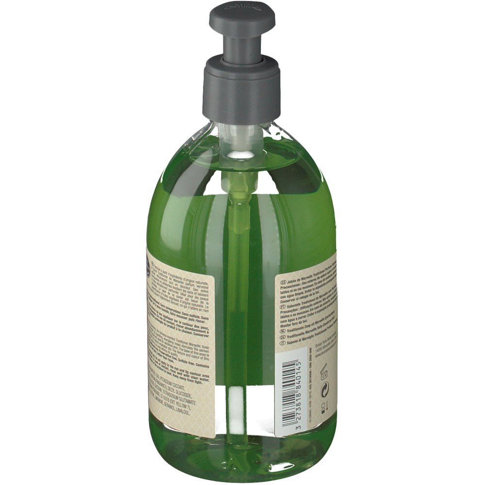 Sapone liquido verde in flacone con dosatore. Vista posteriore con etichetta e informazioni sul prodotto. Marchio: Le Comptoir du Bain.