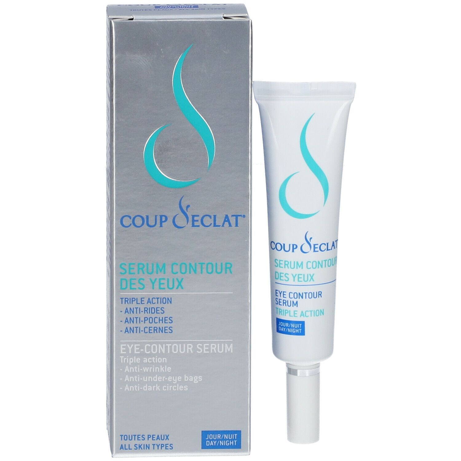 Confezione e tubo. Sulla confezione: Coup d'Eclat, Sérum Contour des Yeux. Sul tubo: Eye Contour Serum.