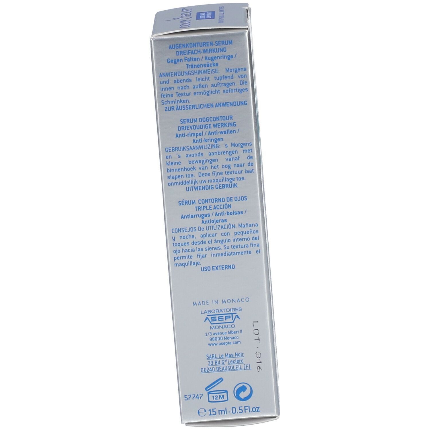 Retro della confezione. Testo: Sérum Contour des Yeux, consigli d'uso, 15 ml.