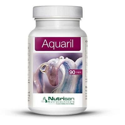 Flacone di pillole bianco con tappo a vite. Etichetta con nome del prodotto Aquaril, 90 capsule e logo Nutrisan.