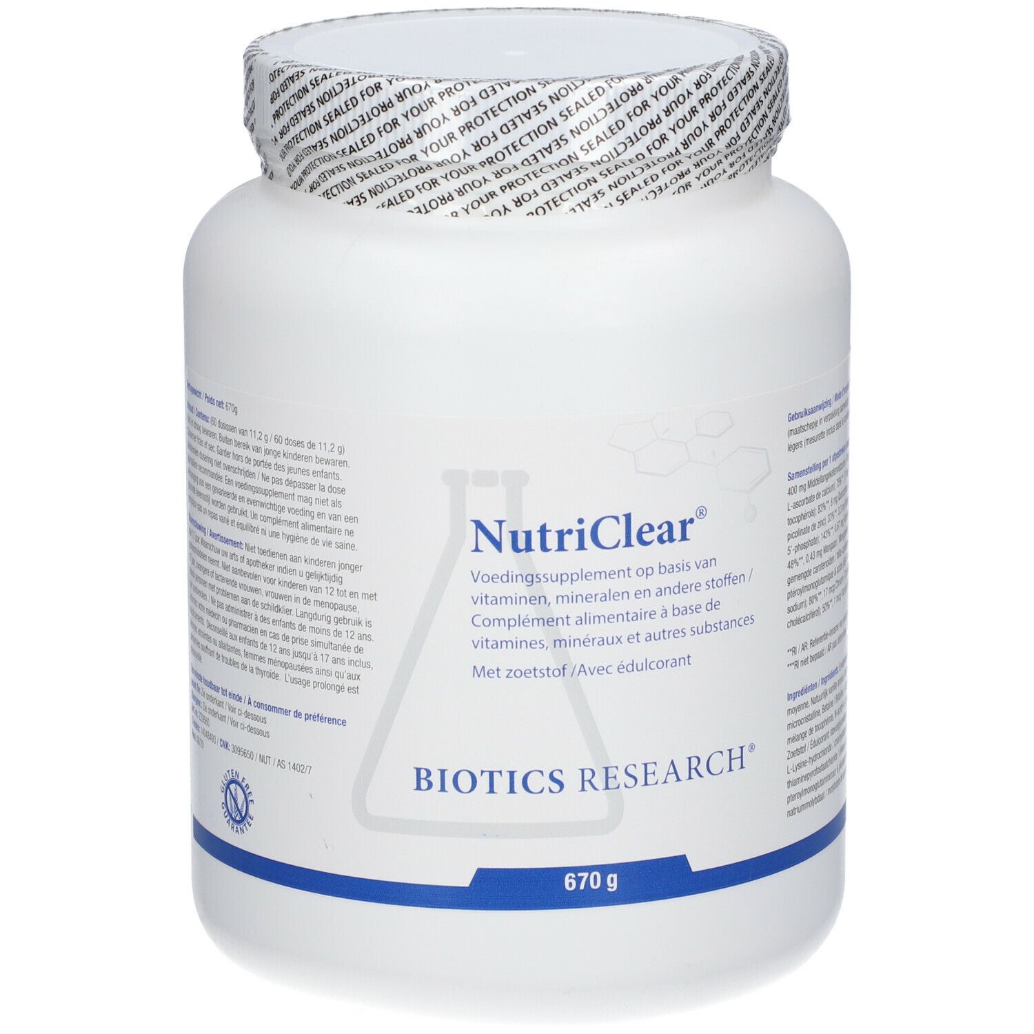 Barattolo bianco con tappo a vite. Scritta NutriClear e Biotics Research. 670g.