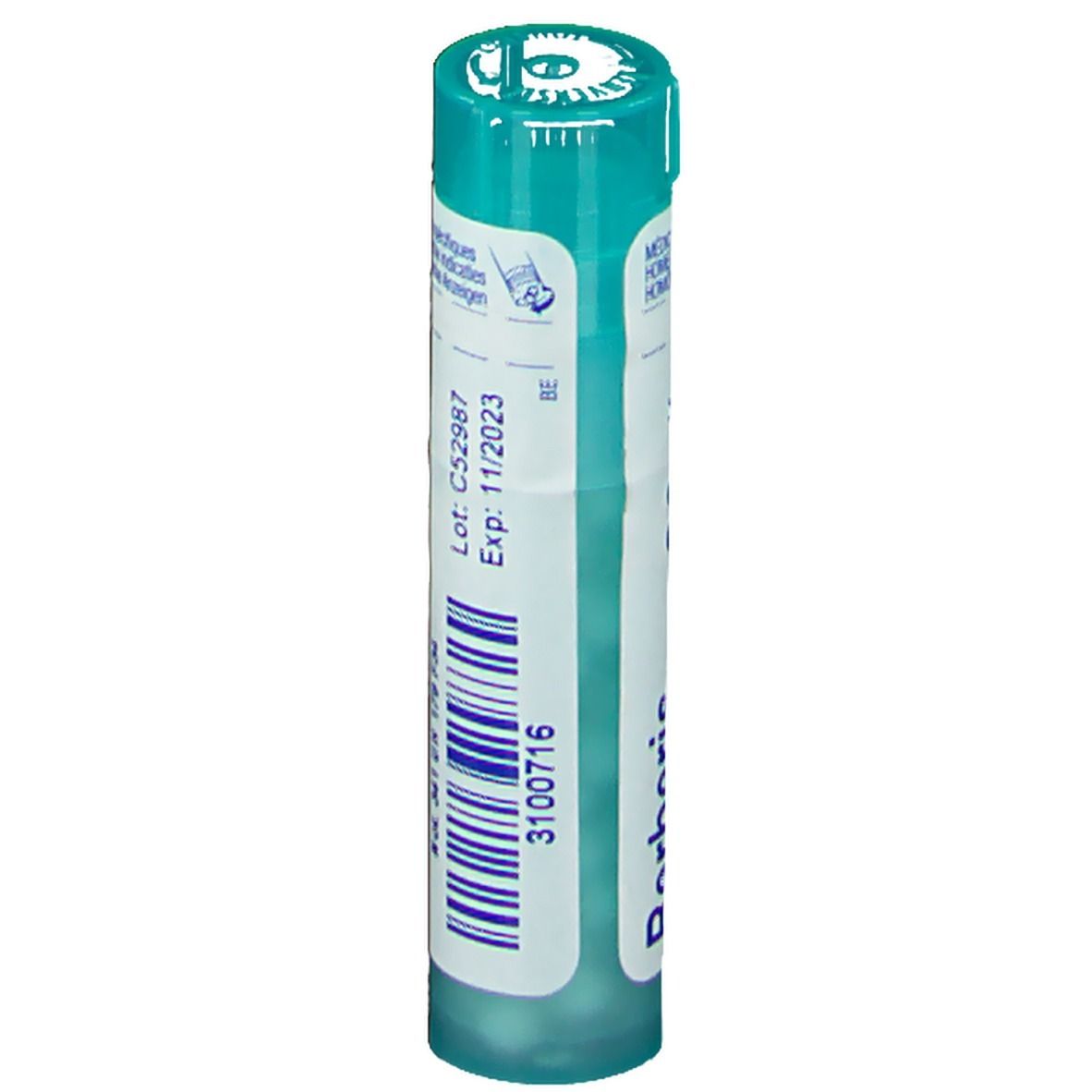 Confezione cilindrica verde. Scritta: C52987, Exp: 11/2023, 3100716.