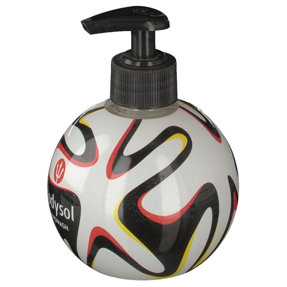 Flacone rotondo di sapone per le mani con motivo a pallone da calcio e dispenser nero. Scritta: Bodysol Handwash.