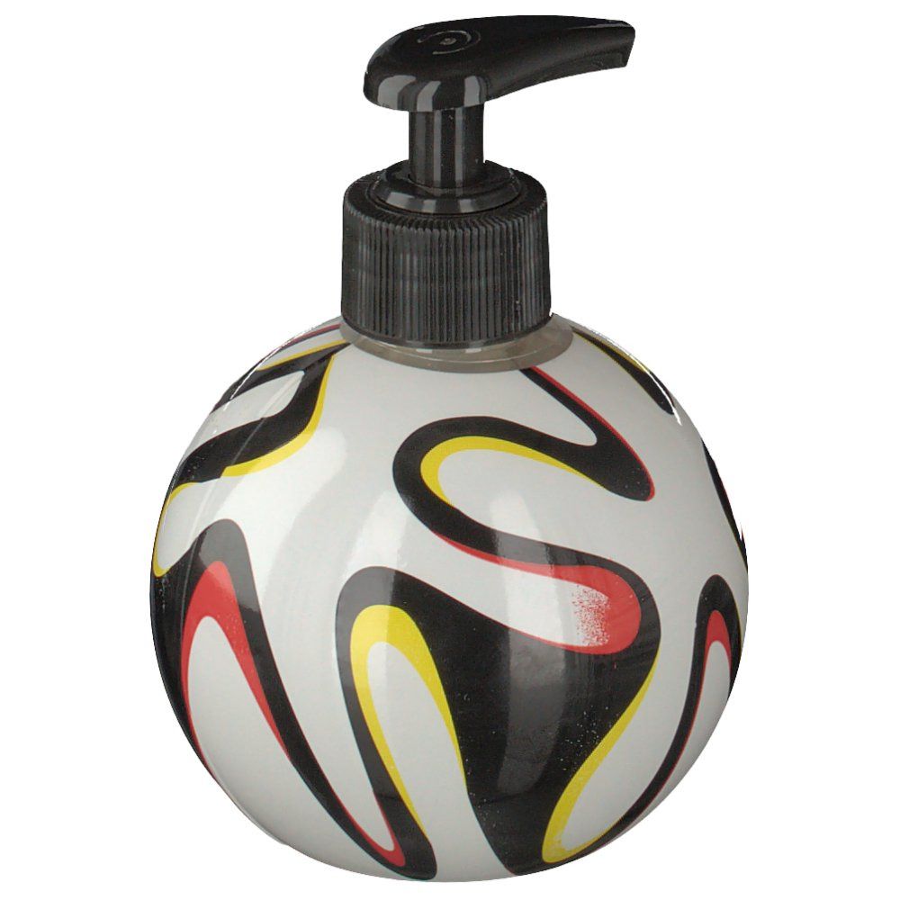 Flacone rotondo di sapone per le mani con motivo a pallone da calcio e dispenser nero.