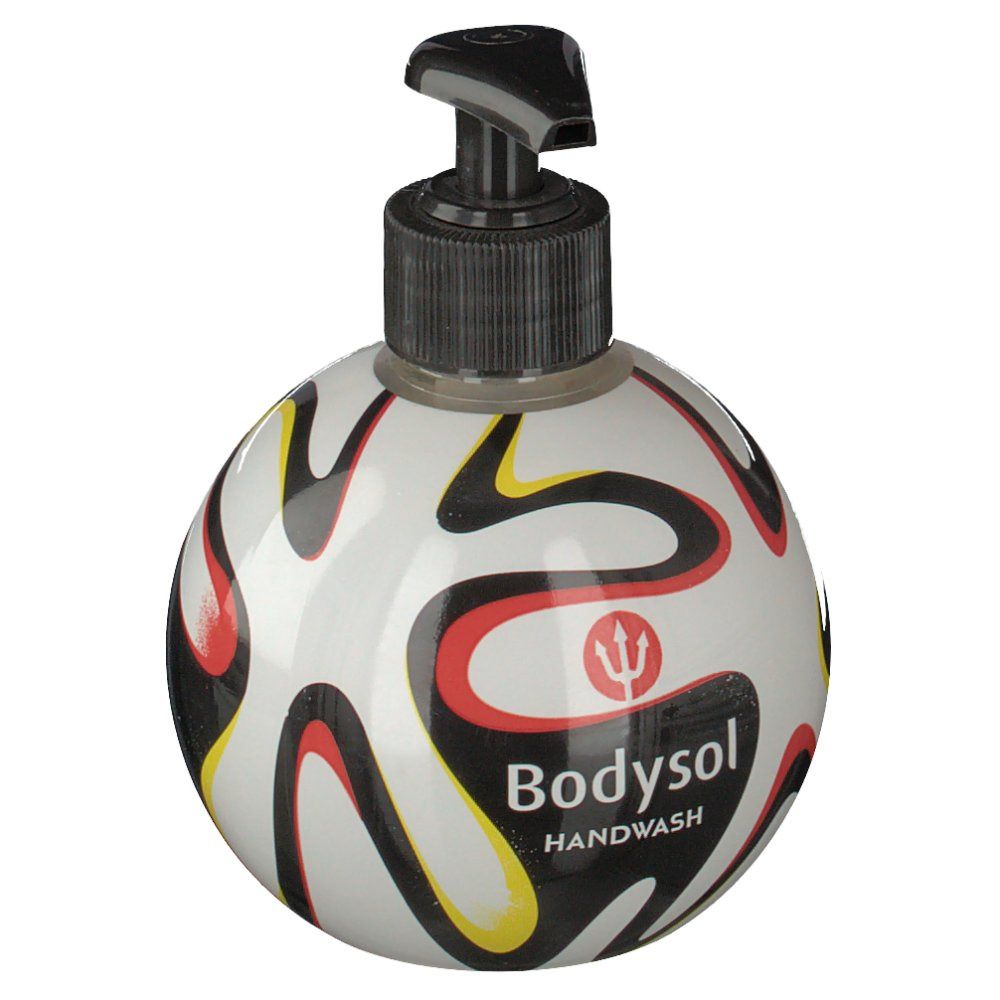 Flacone rotondo di sapone per le mani con motivo a pallone da calcio e dispenser nero. Scritta: Bodysol Handwash.