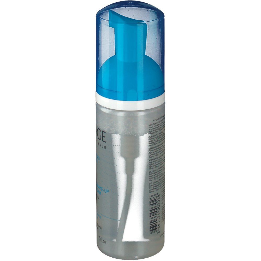 Uriage Mousse d'Eau nettoyante. Flacone trasparente con erogatore blu. Vista laterale. Scritte: Uriage, Mousse d'Eau, Cleansing Make-up Remover Foam.
