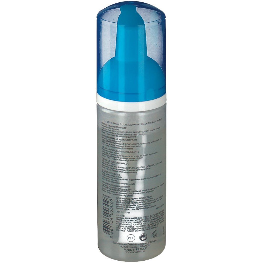 Uriage Mousse d'Eau nettoyante. Flacone trasparente con erogatore blu. Retro con testo. Scritte: Uriage, Mousse d'Eau, Cleansing Make-up Remover Foam.