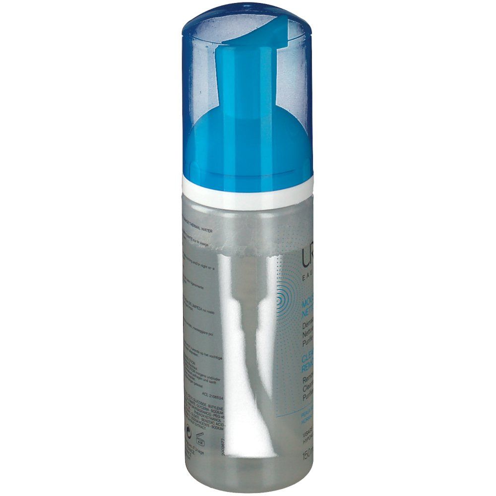 Uriage Mousse d'Eau nettoyante. Flacone trasparente con erogatore blu. Vista laterale con testo. Scritte: Uriage, Mousse d'Eau, Cleansing Make-up Remover Foam.