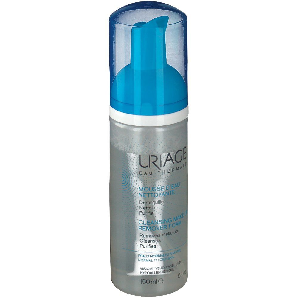 Uriage Mousse d'Eau nettoyante. Flacone trasparente con erogatore blu. Scritte: Uriage, Mousse d'Eau, Cleansing Make-up Remover Foam. 150ml.