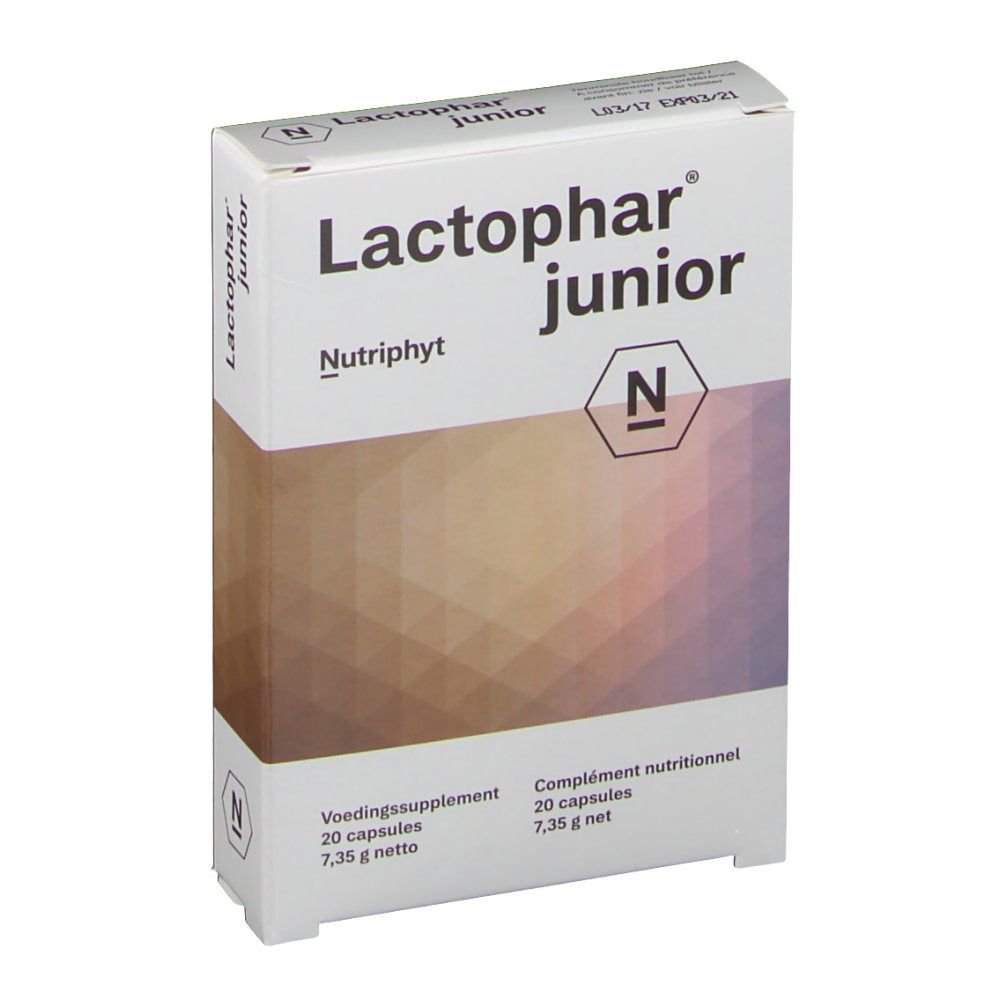 Confezione Lactophar junior, Nutriphyt. Contiene 20 capsule. Integratore alimentare.