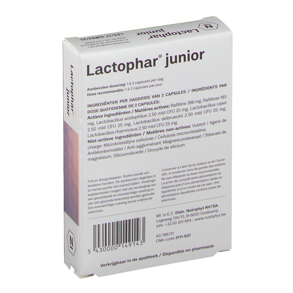 Retro della confezione Lactophar junior. Contiene informazioni sugli ingredienti e il dosaggio.