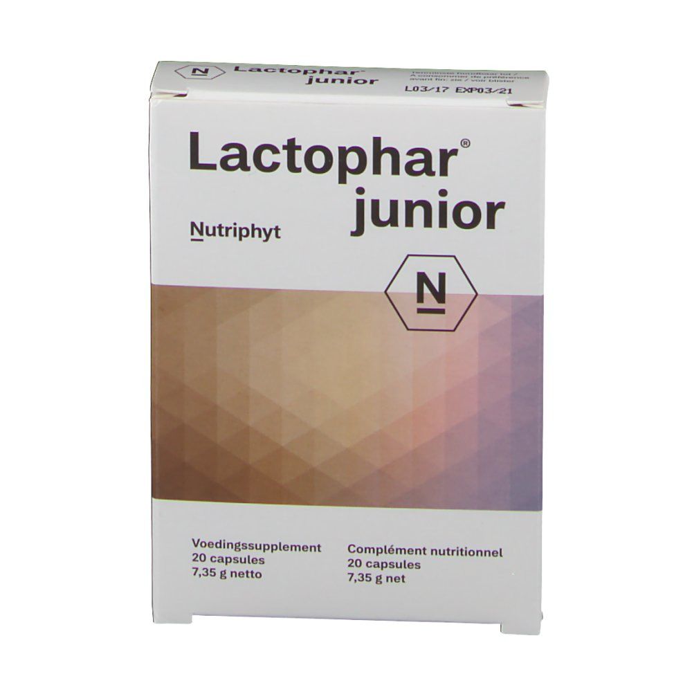 Vista frontale della confezione Lactophar junior. Contiene 20 capsule. Marchio Nutriphyt.