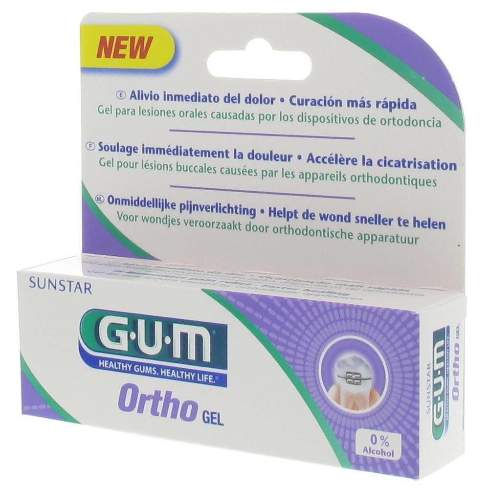 Gel G.U.M Ortho per l'igiene orale, confezione con scritte multilingue. Contiene 0% alcool. Per lesioni orali.