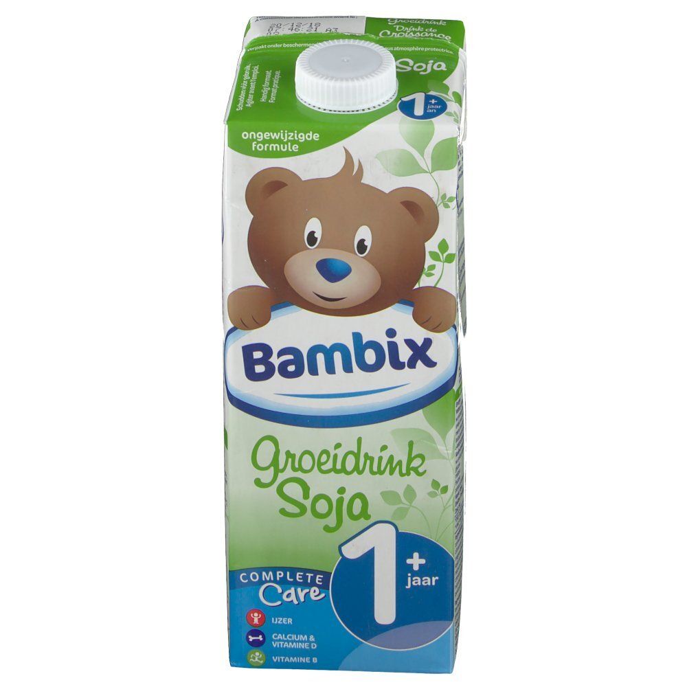 Confezione Bambix Groeidrink Soja. Orsetto, scritta Bambix, Groeidrink Soja, 1+ jaar, Complete Care. Tappo bianco.