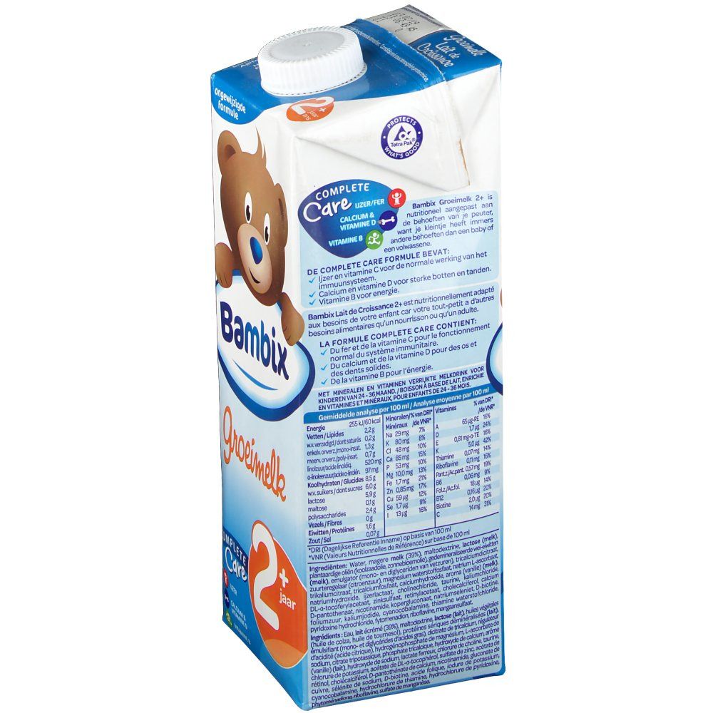 Retro della confezione di latte Bambix Grow Milk +2. Testo con informazioni nutrizionali e sul prodotto. Tappo bianco.