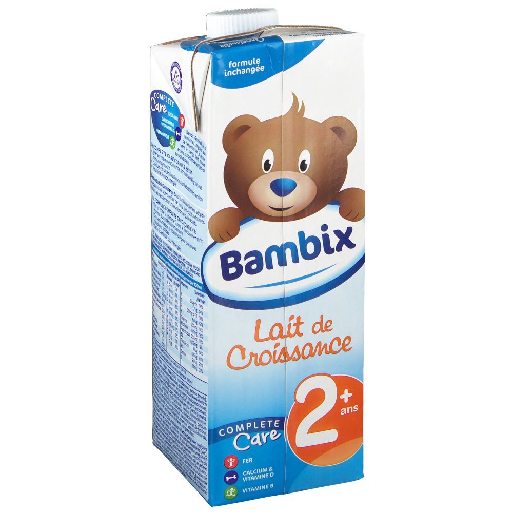 Confezione di latte Bambix Lait de Croissance 2+. Illustrazione di un orso. Scritta: Lait de Croissance, Complete Care, 2+ ans.