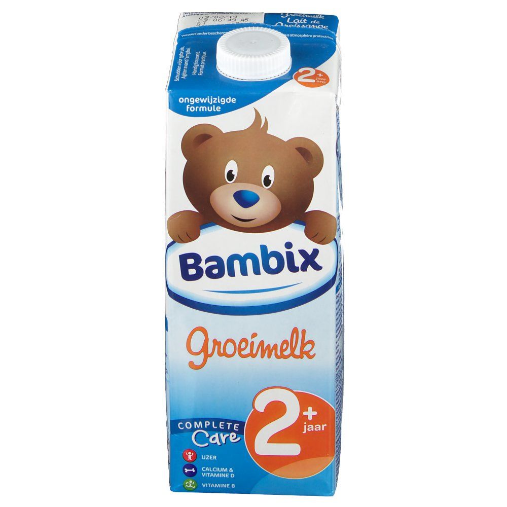 Confezione di latte Bambix Groeimelk 2+. Illustrazione di un orso. Scritta: Groeimelk, Complete Care, 2+ jaar.
