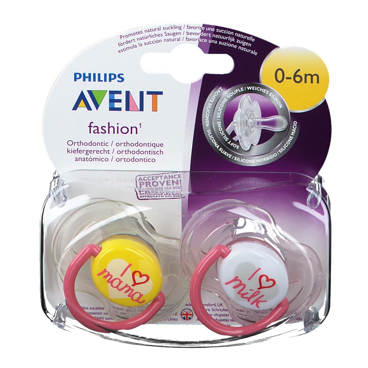 Due ciucci in confezione. Giallo con "I love mama", bianco con "I love milk". Anelli rosa. 0-6m.