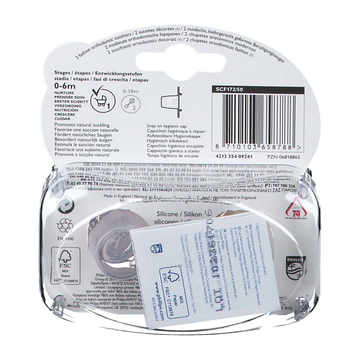 Retro della confezione con informazioni sul prodotto. Logo Philips AVENT. Testo multilingue. Certificazione FSC.