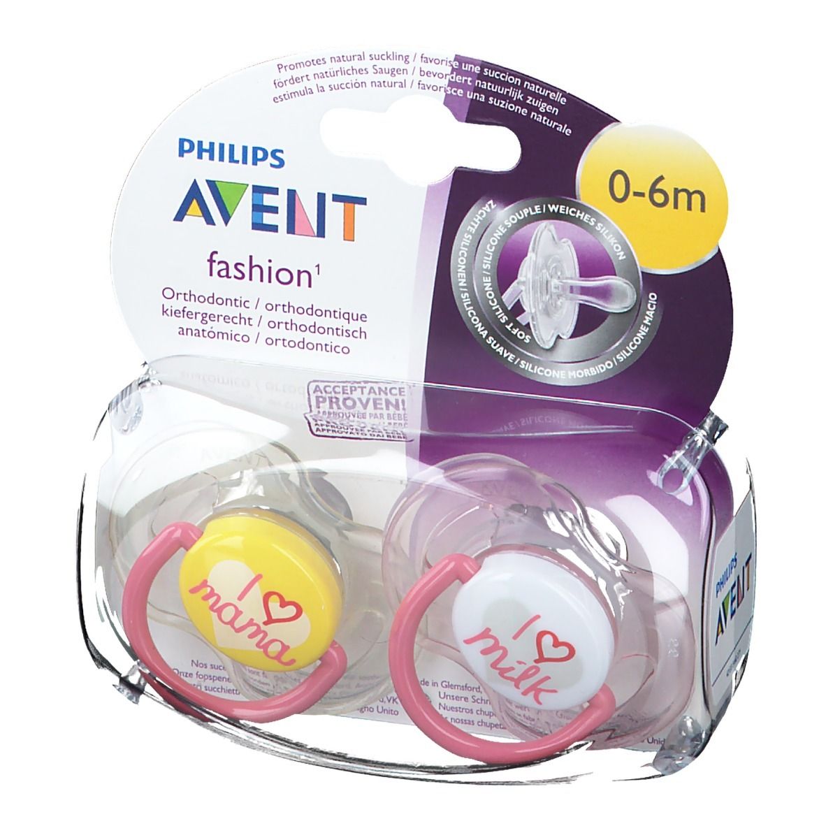 Due ciucci in confezione. Giallo con "I love mama", bianco con "I love milk". Anelli rosa. 0-6m.