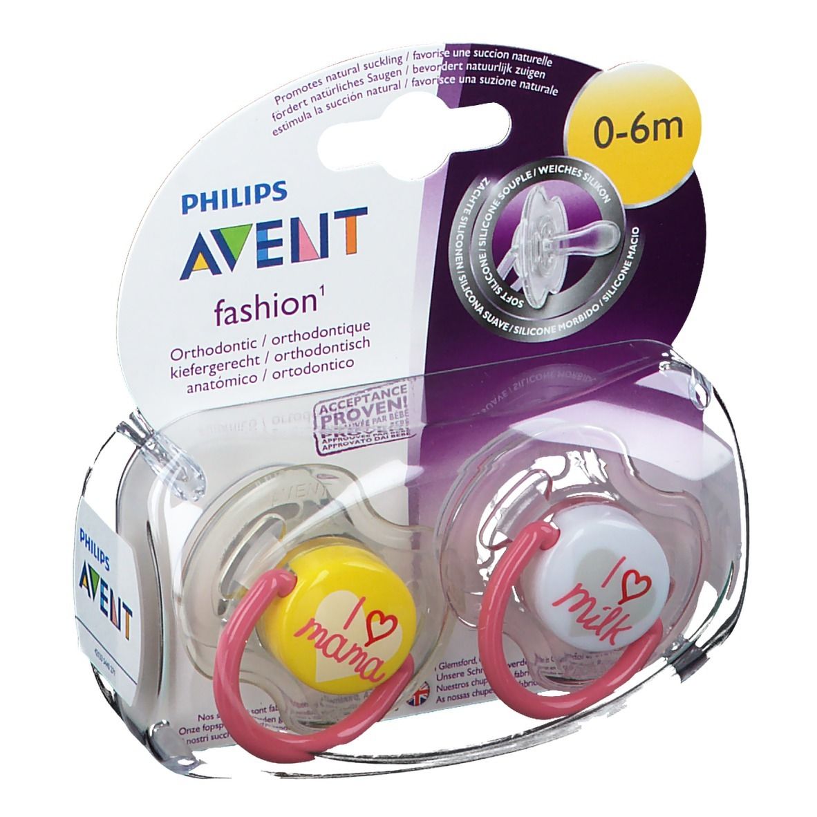 Due ciucci in confezione. Giallo con "I love mama", bianco con "I love milk". Anelli rosa. 0-6m.