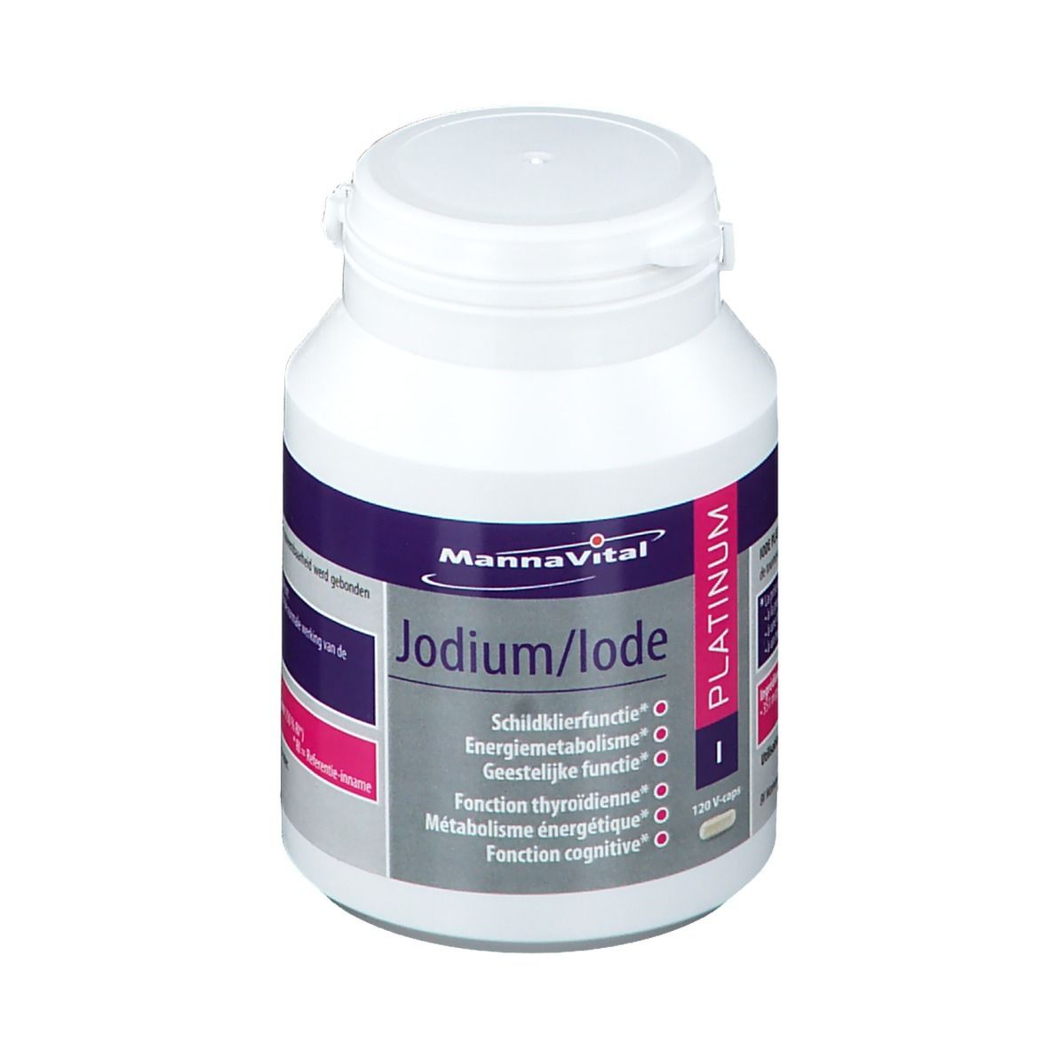 Flacone bianco con etichetta viola e rosa. Scritta: Mannavital Jodium/Iode Platinum. Contiene 120 V-caps.