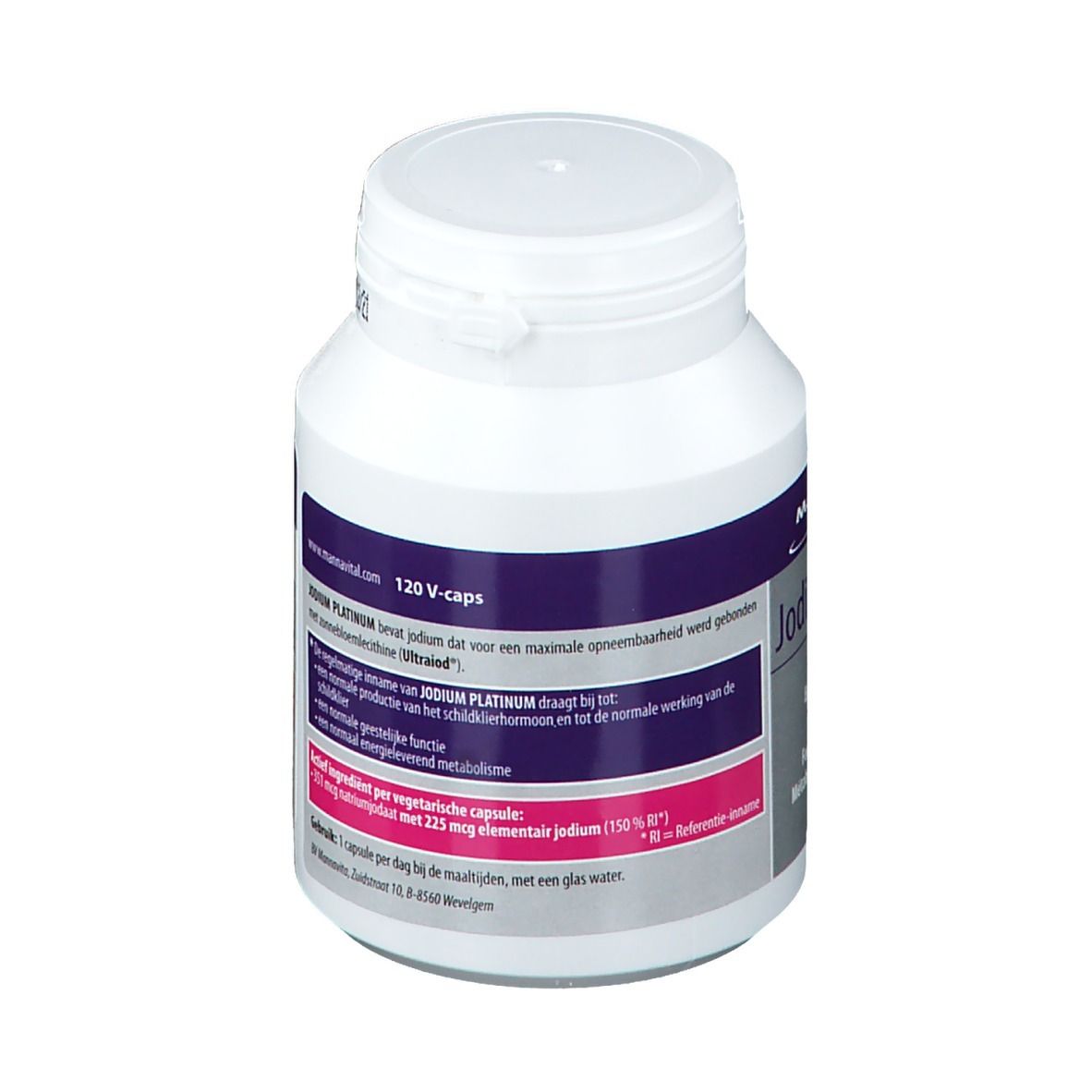 Flacone bianco con etichetta viola e rosa. Scritta: Mannavital Jodium/Iode Platinum. Contiene 120 V-caps. Vista posteriore.