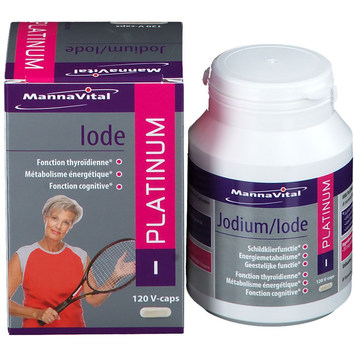 Confezione del prodotto con flacone e scatola. Scritta: Mannavital Iode Platinum. Contiene 120 V-caps. Raffigurata una donna con racchetta da tennis.