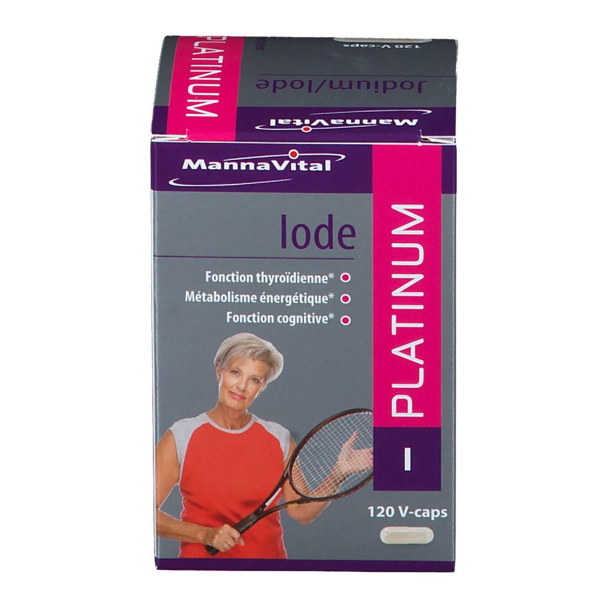 Confezione del prodotto. Scritta: Mannavital Iode Platinum. Contiene 120 V-caps. Raffigurata una donna con racchetta da tennis.
