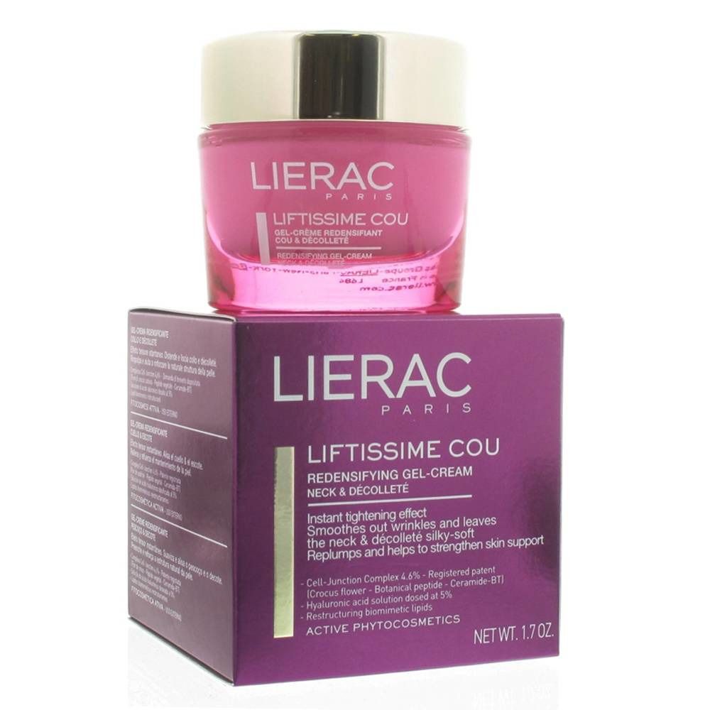 Vasetto di crema rosa con coperchio dorato su una scatola viola. La scatola reca la scritta "LIERAC PARIS LIFTISSIME COU".