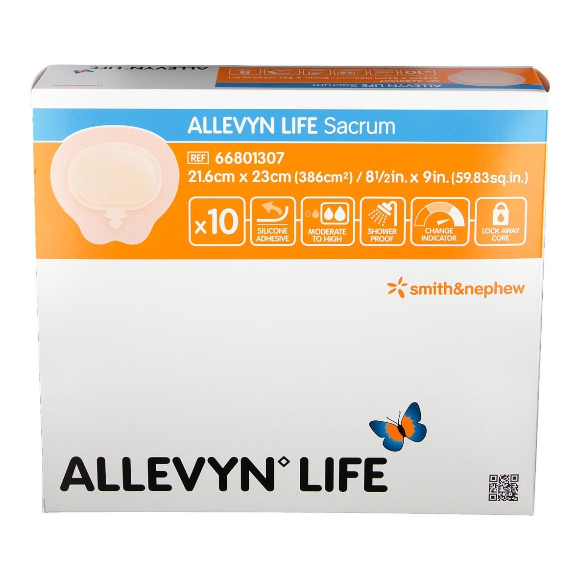 Confezione Allevyn Life Sacrum. Medicazione 21,6 x 23 cm. Contiene 10 pezzi. Marchio Smith & Nephew. Dettagli sulla confezione.