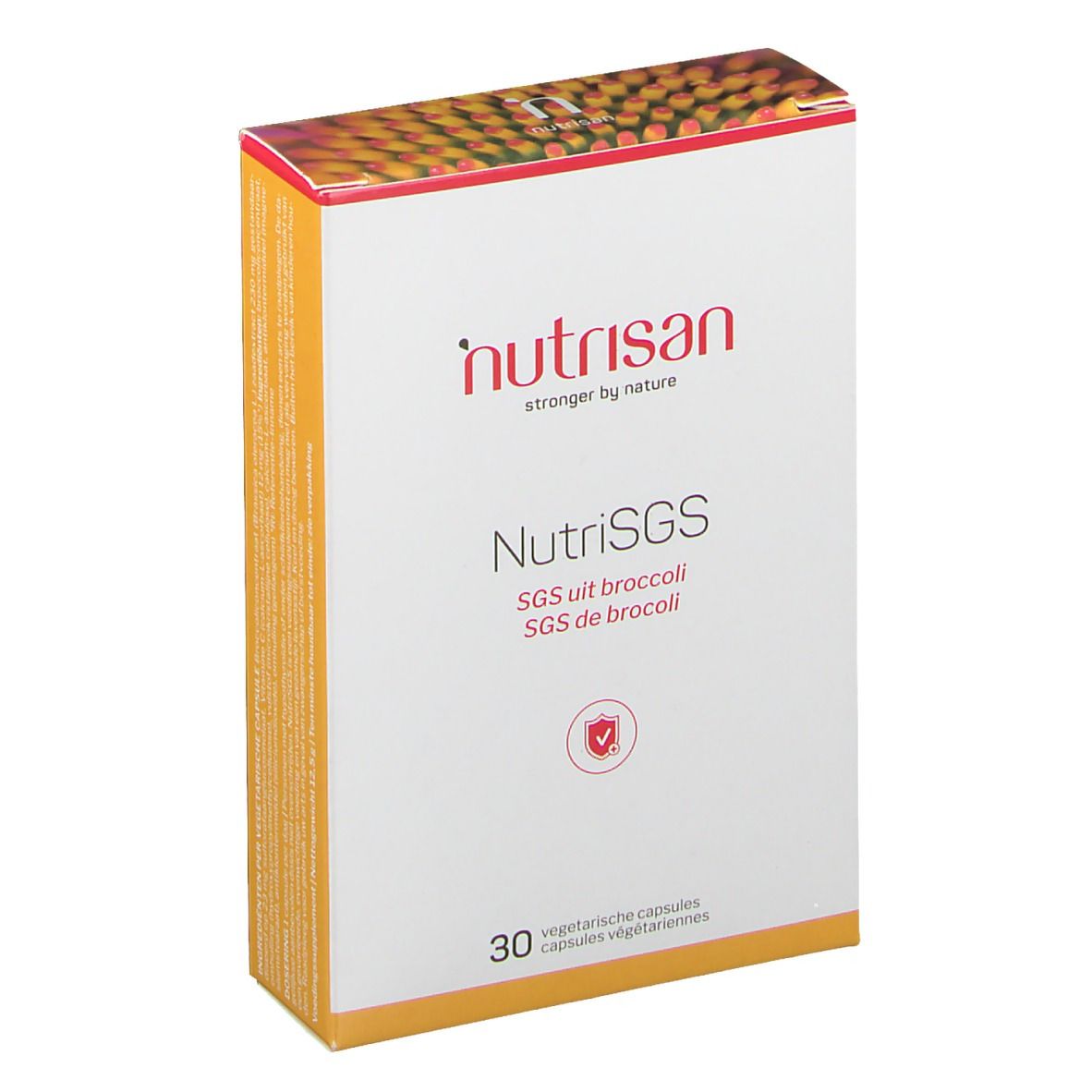 Confezione di NutriSGS, SGS uit broccoli, SGS de broccoli. 30 capsule vegetariane. Marchio nutrisan. Logo di protezione. Testo in olandese.