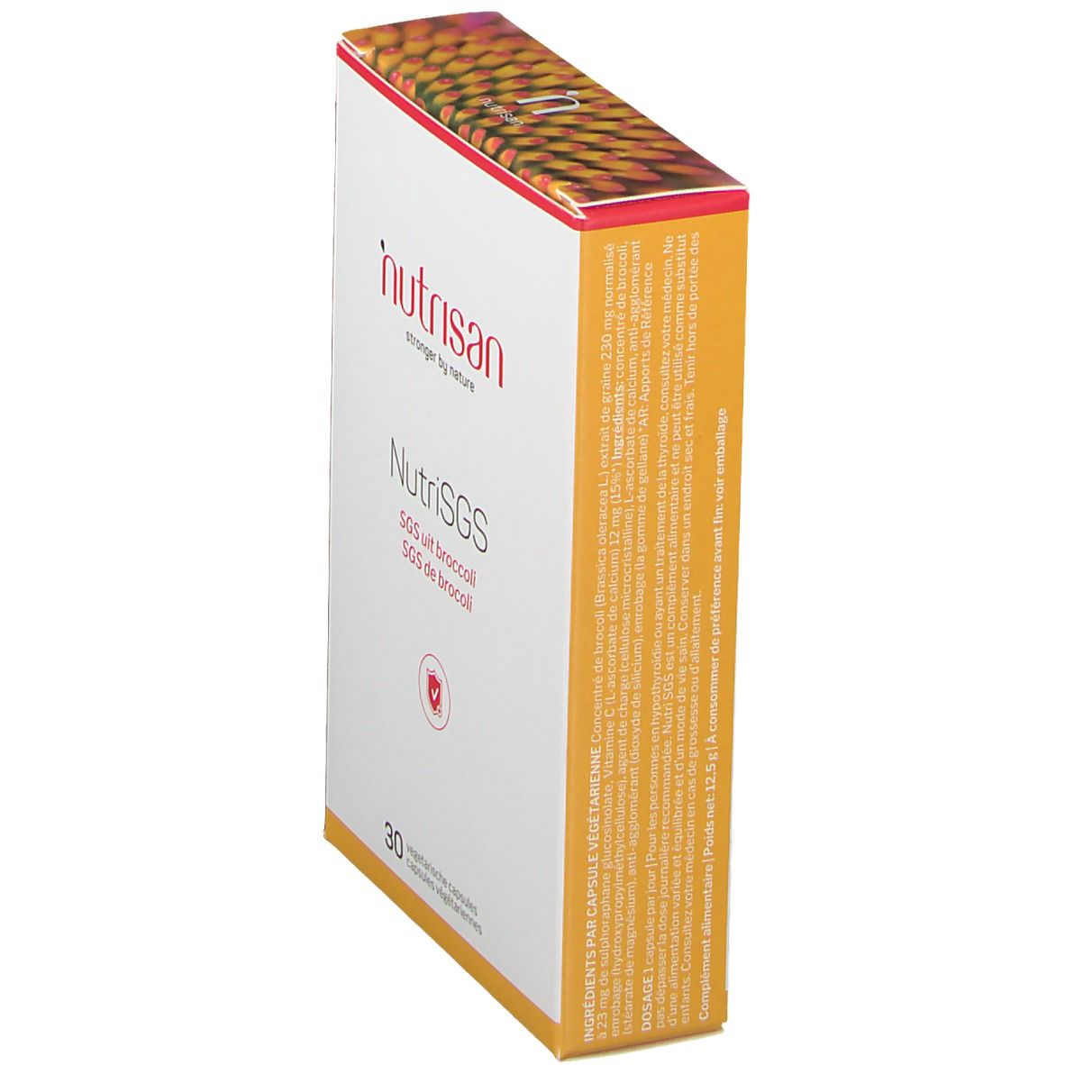 Confezione NutriSGS, SGS uit broccoli, SGS de broccoli. 30 capsule vegetariane. Marchio nutrisan. Testo sul lato. Testo in olandese.