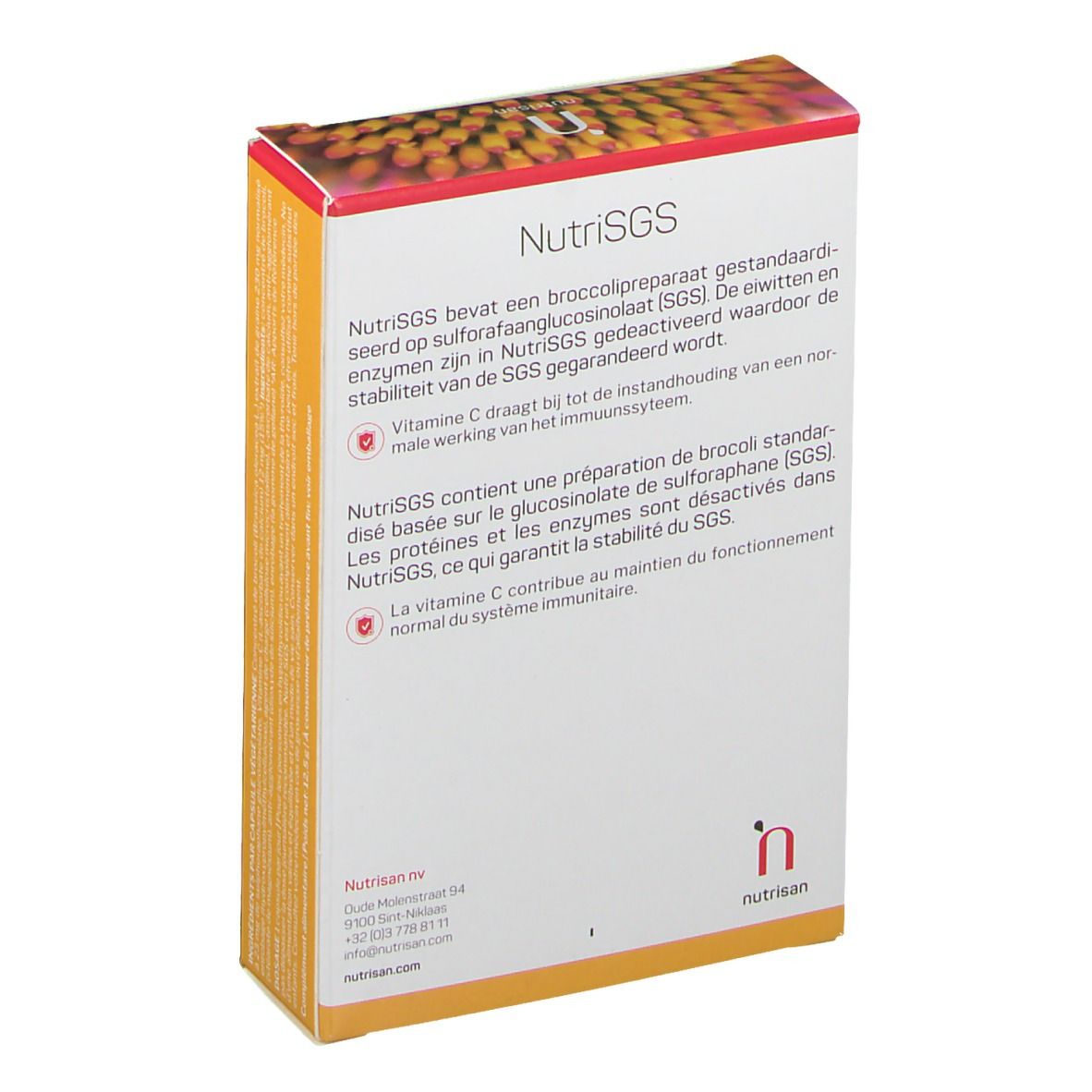 Retro della confezione NutriSGS. Testo in olandese. Marchio nutrisan. Logo. Contiene informazioni sul prodotto e sui suoi ingredienti.