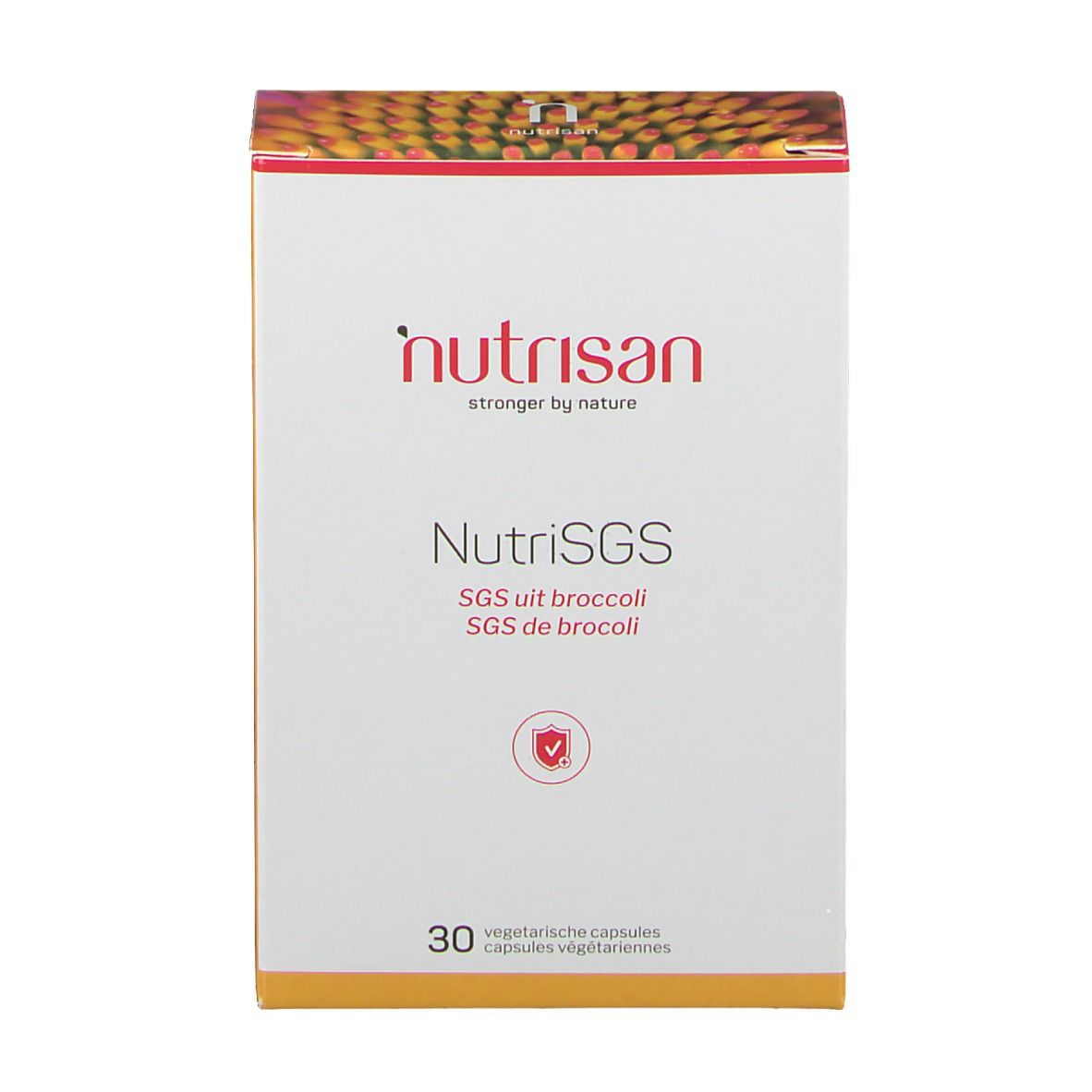 Confezione NutriSGS, SGS uit broccoli, SGS de broccoli. 30 capsule vegetariane. Marchio nutrisan. Logo di protezione.